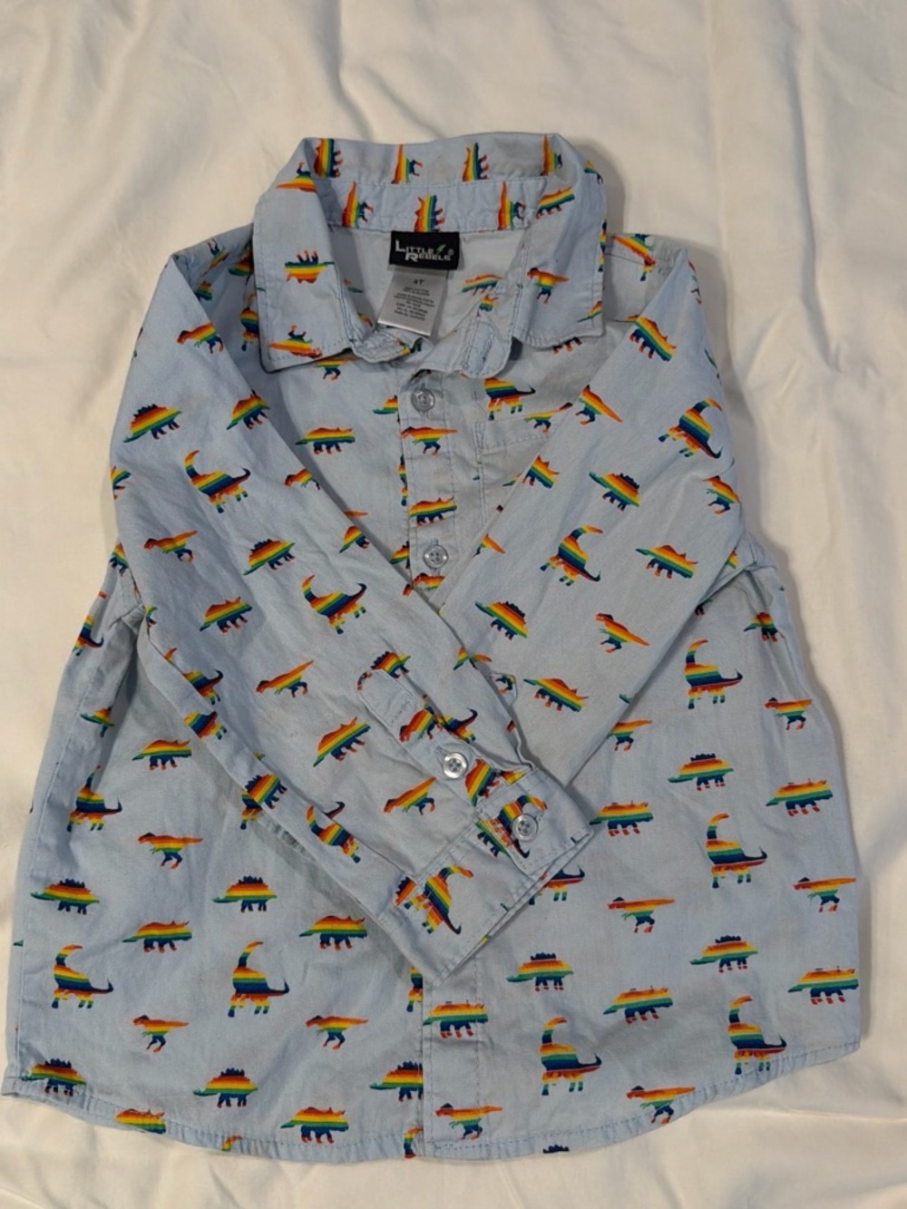 Light Blue Rainbow Dino Button-Down Shirt for Kids by Little Rebels